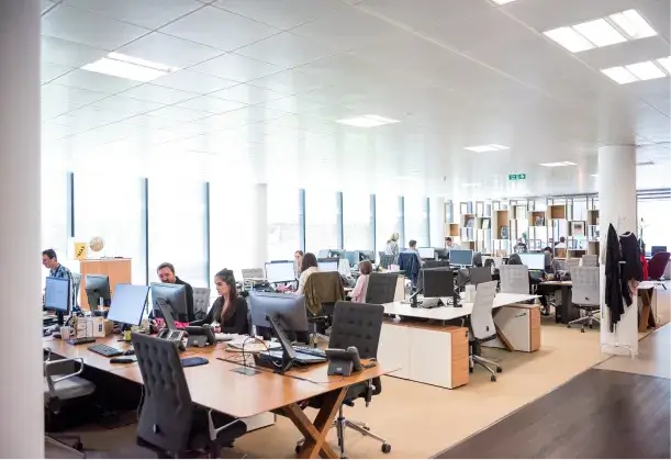 窓が大きい明るく広いおシスに大勢の社員がパソコンで仕事をしている